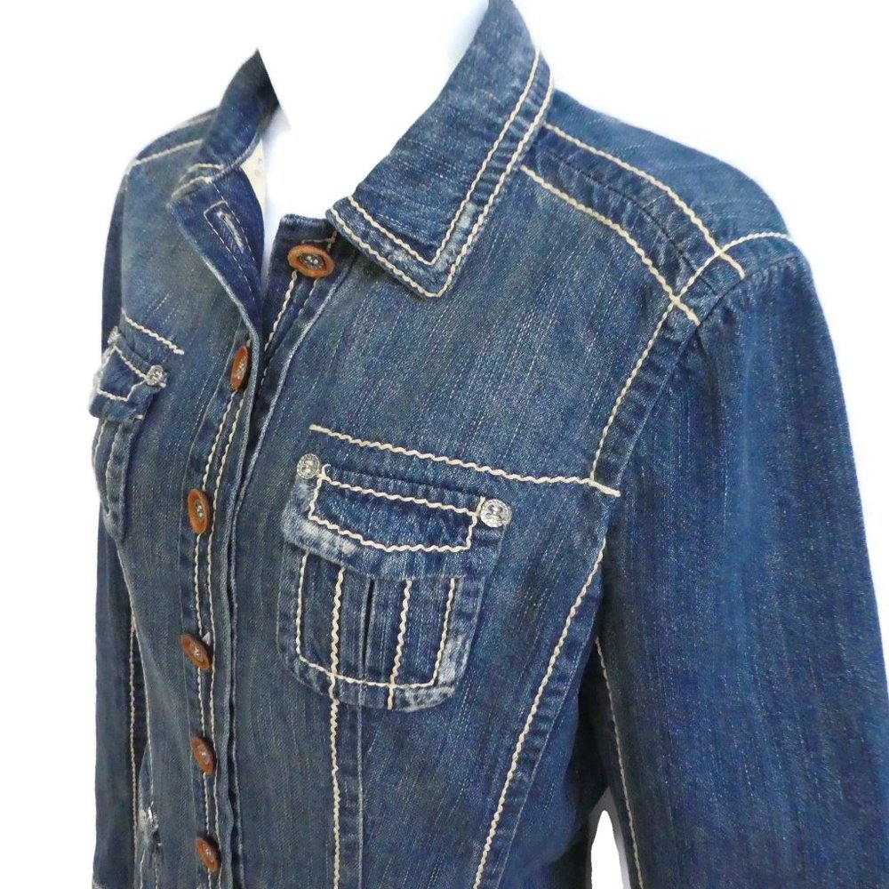 Elie Tahari Denim Jacket Big Stitch Floral Paisley Lining Decorative Buttons